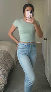 Blue Green Ribbed Cropped Tee Top