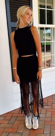 triple threads black fringe two piece set 