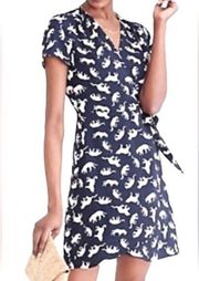 J. Crew Navy Blue Leopard Cat Print Short Sleeve Tie Wrap Dress Size 2