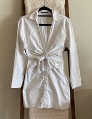 NWOT  white cotton blend plunge neck long sleeve button down mini dress