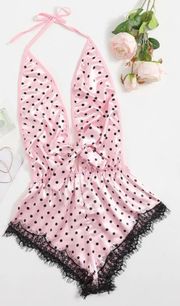 Boutique Pink & Black Polka Dot Lingerie Satin plunging Teddy Bodysuit