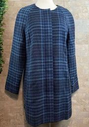 Liz Claiborne Wool Blend Plaid Herringbone Buttoned Long Coat Jacket Blue Size M