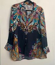 Multiples collared wood button down long sleeve, blouse, paisley print Boho