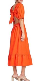 Tie Back Puff Sleeve Linen Blend Midi Dress Orange