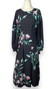 H&M  Floral Dot Print Long Sleeve Midi Dress