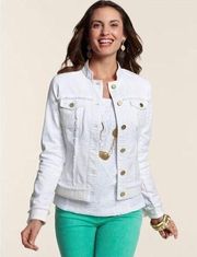 Chico’s white lace trim denim jacket