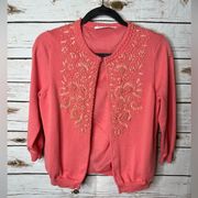 🌱Trina Turk Coral Embroidered 3/4 Sleeve Cardigan Size M