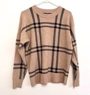 TAHARI Tan Brown Black Plaid Grid Long Sleeve Viscose Preppy Crew Neck Sweater M