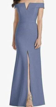 Dessy Collection OFF-THE-SHOULDER NOTCH TRUMPET GOWN WITH FRONT SLIT IN LARKSPUR