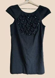 Tibi Cap Sleeve Ruffle Detail Shift Midi Length Black Dress Size 2