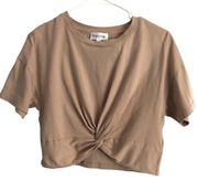 Revolve Privacy Please Crop Top Knit Short Sleeve Medium Twist Front Beige Tan