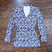 J McLaughlin • Wilton Wrap Tunic tie waist cuffed sleeve Mega Elsie print blue