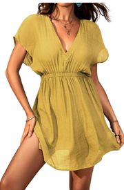 Women's V Neck Bathing Suit Cover Up Banded Waist Swimsuit Beach Mini Dress with Short Sleeves, Yellow Small