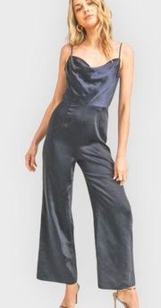 Lush Women's M Cowl Neck Cami Jumpsuit Dark Blue Satin Dressy One Piece Romper