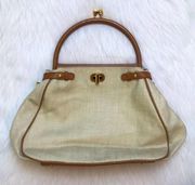 Brooks Brothers Women’s Genuine Leather Brown Trim Beige Satchel Purse