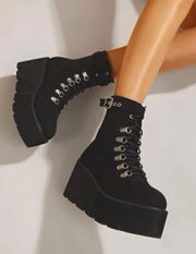 SheIn Buckle Decor Lace-Up Wedge Boots