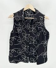 Carole Little Vest Women MEDIUM Black Floral Embroidered Button Down 100% Silk