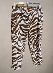 CHICOS LADIES BROWN WHITE ANIMAL ZEBRA PRINT HIGH RISE CROPPED PANTS LARGE 12