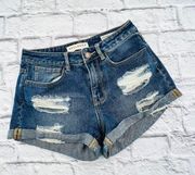 Bullhead Shorts Womans 24 Blue Distressed Denim High Rise Cuffed Hem