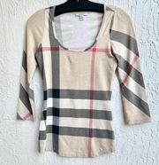 Burberry Brit 3/4 Sleeve Plaid Scoop Neckline Top Blouse Beige Women's Size XS