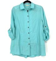 Soft Surroundings Shirt Women's Sz PS Blue Button Up Collared Pockets Tab Sleeve