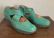 Fly London Yepe Cross Strap Mary Jane Wedge Teal Turquoise sz 40