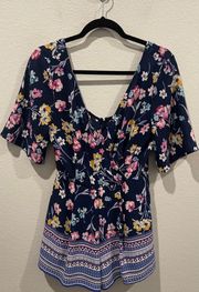 Navy Blue Multicolor Floral Short Sleeve V-Neck Romper