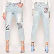 Jeans Smith Boyfriend Denim Boho Embroidered Patchwork Light Wash 28