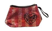 Victorias secret striped logo sequin wristlet makeup travel pouch bag EUC