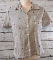 100% Cotton Button Down Short Sleeve Striped Embroidered-Medium