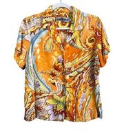 Jams World Vintage Festive Button Down Blouse Women's M Orange Hawaiian Print