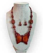 Lee Sands Red Coated Butterfly Necklace and Earrings Set