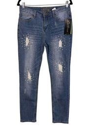 CARTISE DENIM Jeans Womens 6 Pearls Rhinestones Distressed Cotton Blend Blue NWT