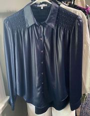 Navy Blue Current Air Cuff Sleeve Button Up Blouse Small