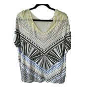 Women's Sheer Geometric Graphic Tribal Artsy Wide V Neck Blouse XL