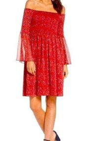 Sam Edelman red floral dress off shoulder size 12 large bell sleeve