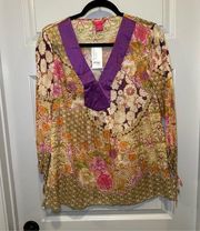 NWT Sunny Leigh Multicolor Floral Boho Print Sheer Blouse size L