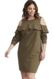 Torrid Plus Size 2X Olive Green Ruffled Knit Sweatshirt Dress Cold Shoulder 914