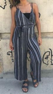 Small Black + White Stripe Faux Wrap Crop Wide Leg Culotte Jumpsuit