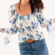 Gathered Fitted Blouse with Sheer Long Bell Sleeves, Floral PrinSize large