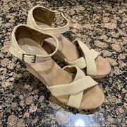 Toms Tan Canvas Cork Wedges Size 10