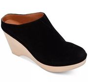 - Skylar Wedge Mules Black Suede Leather Wood Block Heel