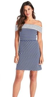 Women’s Navy White Striped Off The Shoulder A-Line Dress Size Med