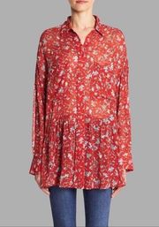 IRO Bedford Red Floral Sheer Long Sleeve Blouse 34 Extra Small