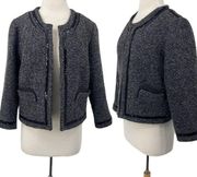 Cynthia Rowley Sweater Coat Tweed Wool Collarless Sequined Piping Grey Womens L