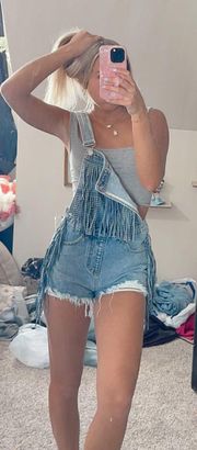 denim fringe overalls 