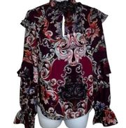 BEBE Gorgeous Long Sleeve Ruffle Trim Blouse Dark Plum Paisley Print EUC Medium