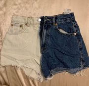 White and Navy Blue High Waisted Two Toned Denim Shorts