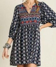 Navy Tribal Babydoll Button 3/4 Sleeves Boho Southwestern Mini Dress L