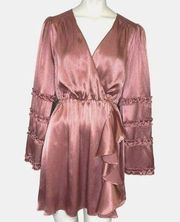 Peach Love California Satin Ruffle A-Line Mini Dress Mauve Pink Size Small NWT